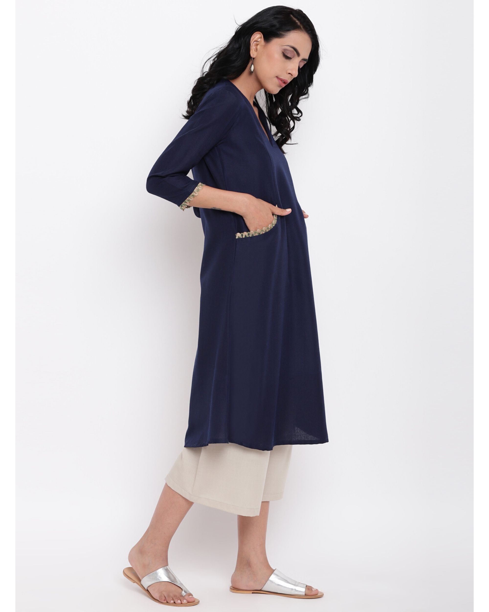 Navy blue jute lace kurta and pant set Set Of Two by trueBrowns The