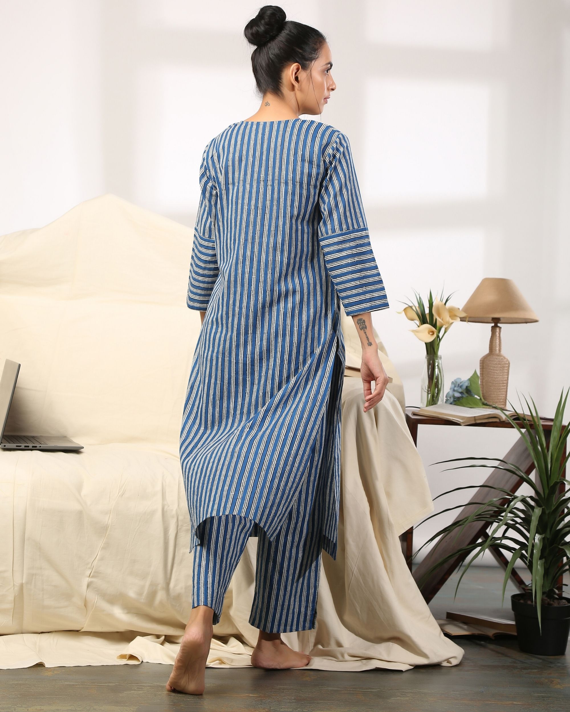 Blue Striped Kurta And Pants Set Of Two By Raasleela The Secret Label