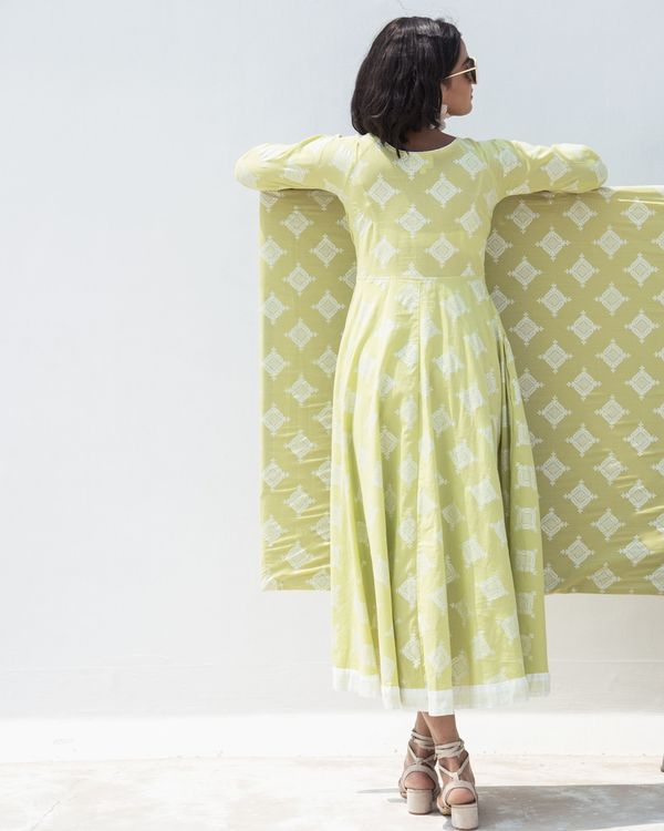 Green zari printed high low dress 1