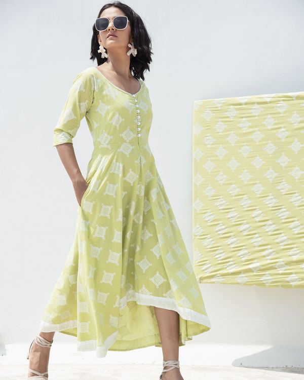 Green zari printed high low dress 2