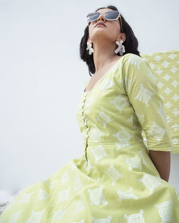 Green zari printed high low dress 3