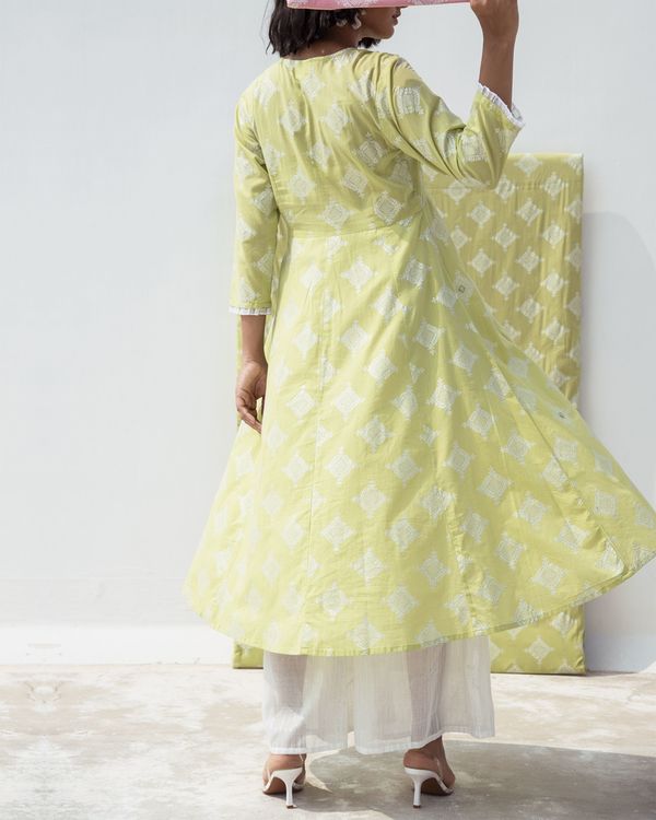 Green zari printed flared kurta and pants- Set Of Two 1