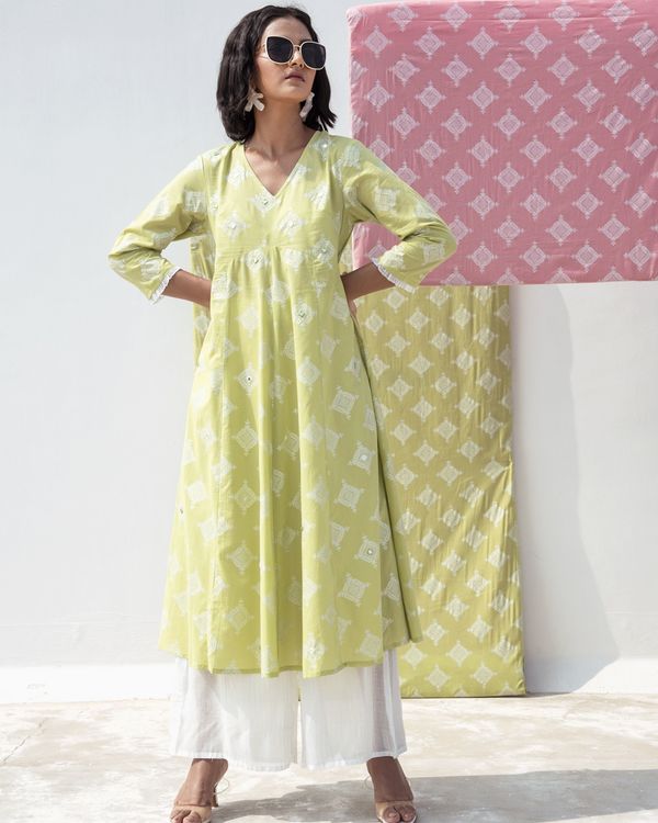 Green zari printed flared kurta and pants- Set Of Two 2