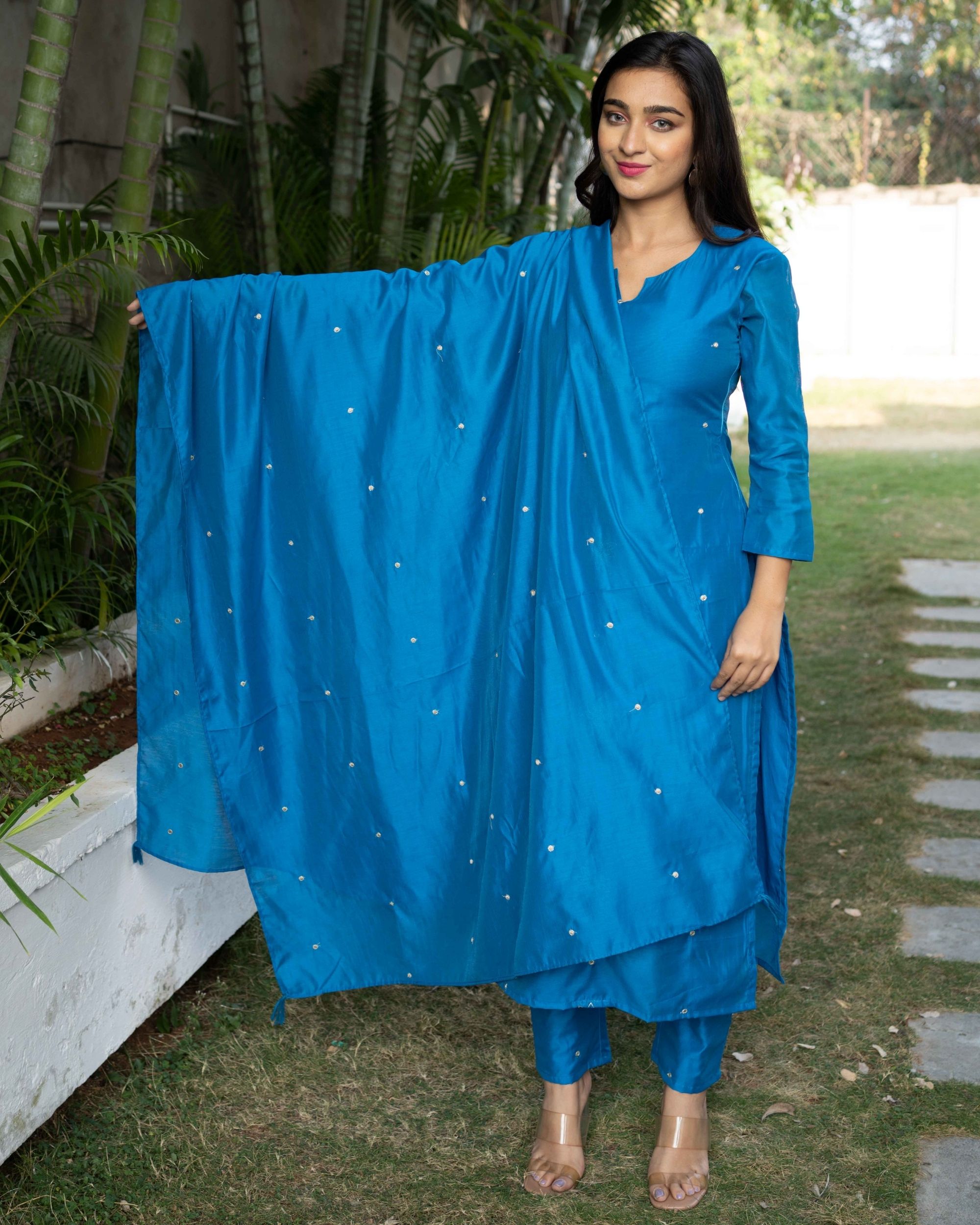 Blue floral embroidered chanderi kurta with pants and dupatta- Set Of ...