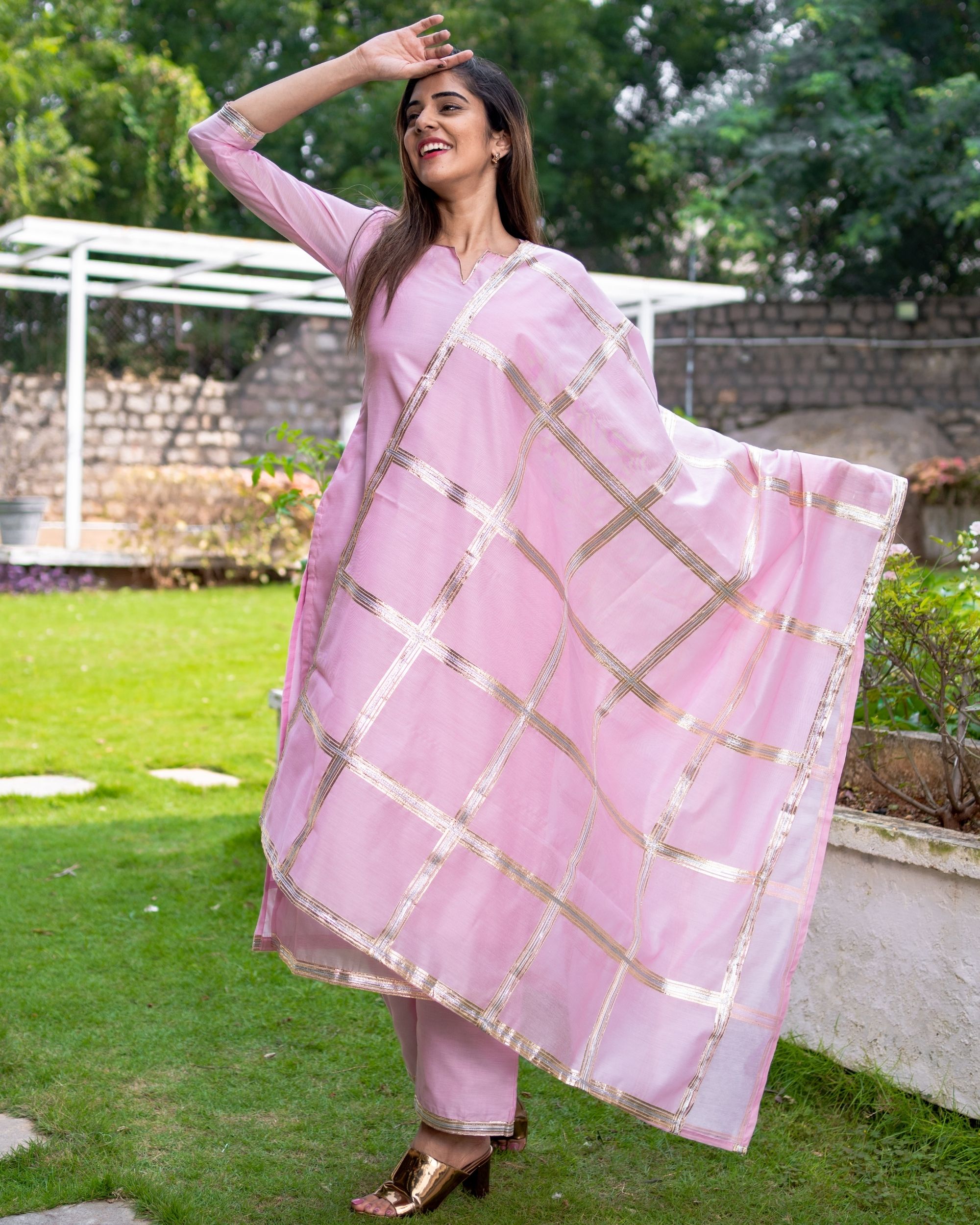 Pink gota embroidered chanderi kurta and pants with dupatta- Set Of ...