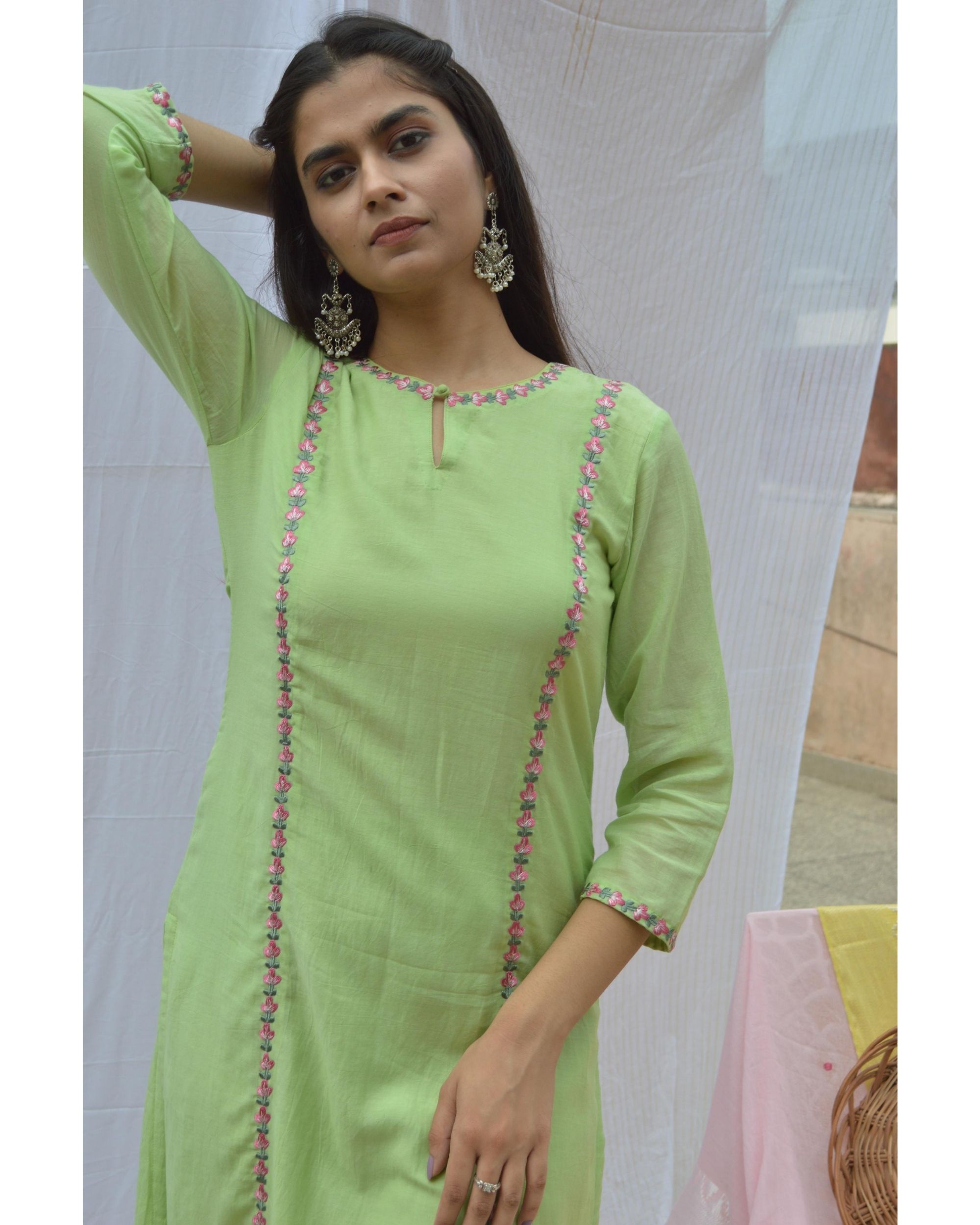 Green embroidered princess cut kurta and pants with dupatta set of three by Tashee The Secret Label