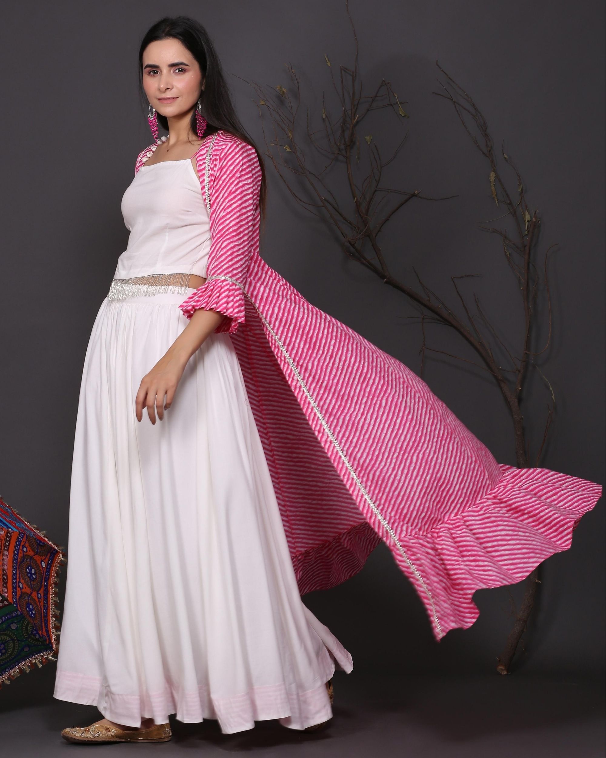 White crop top and lehenga with pink leheriya jacket set of three by