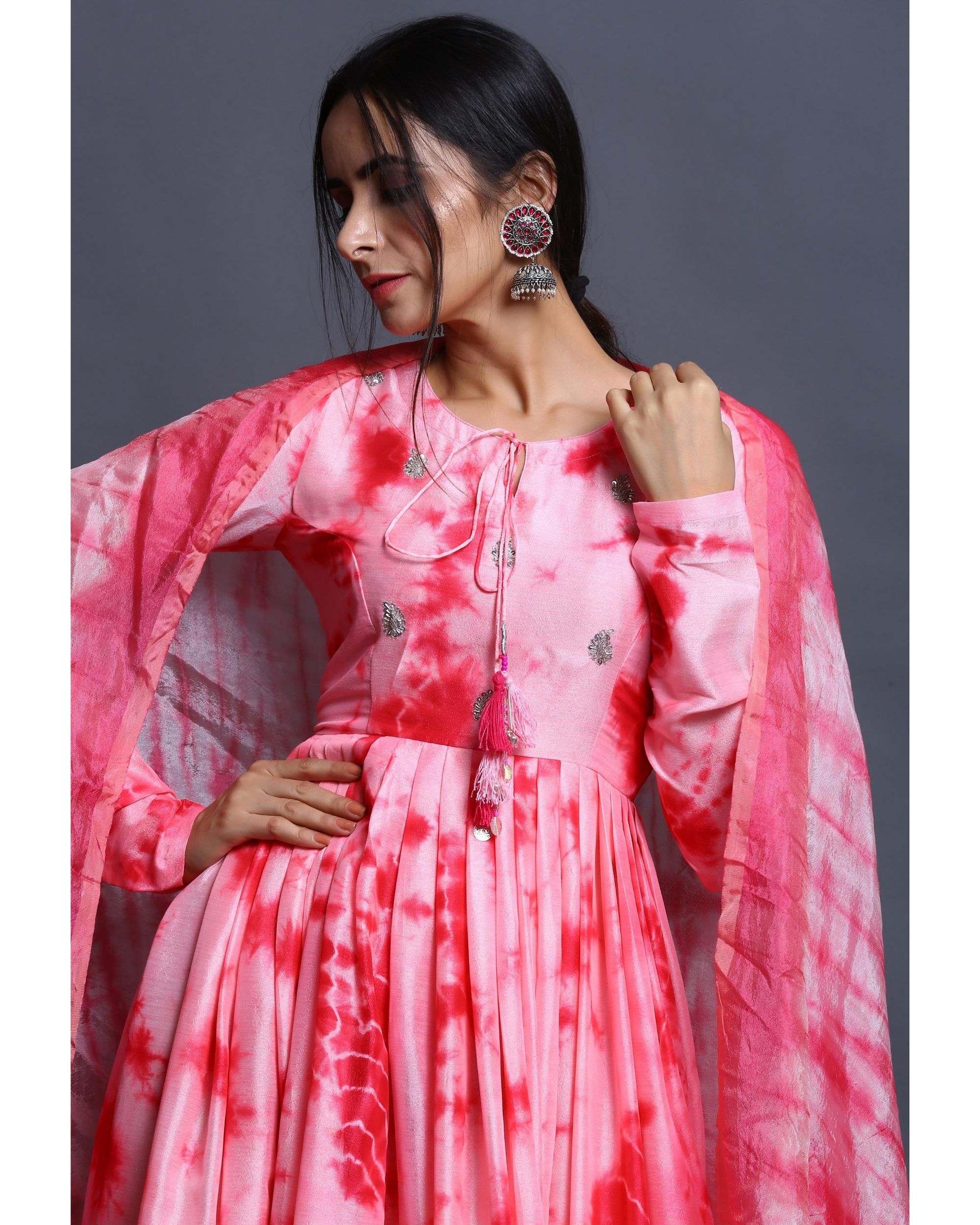 Taffy pink shibori dress with dupatta set of two by Kyeth The