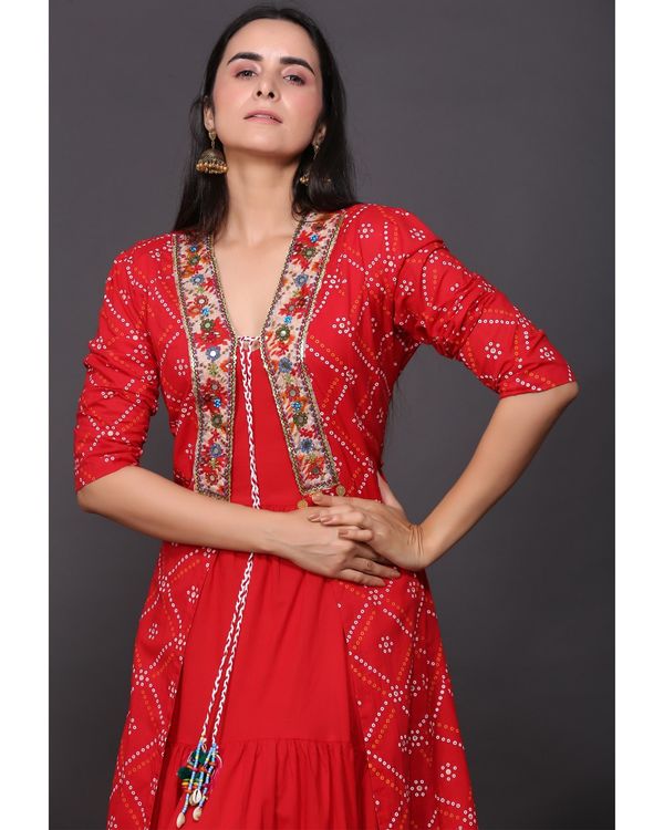 Cherry red dress with embroidered jacket Set of two by Kyeth The