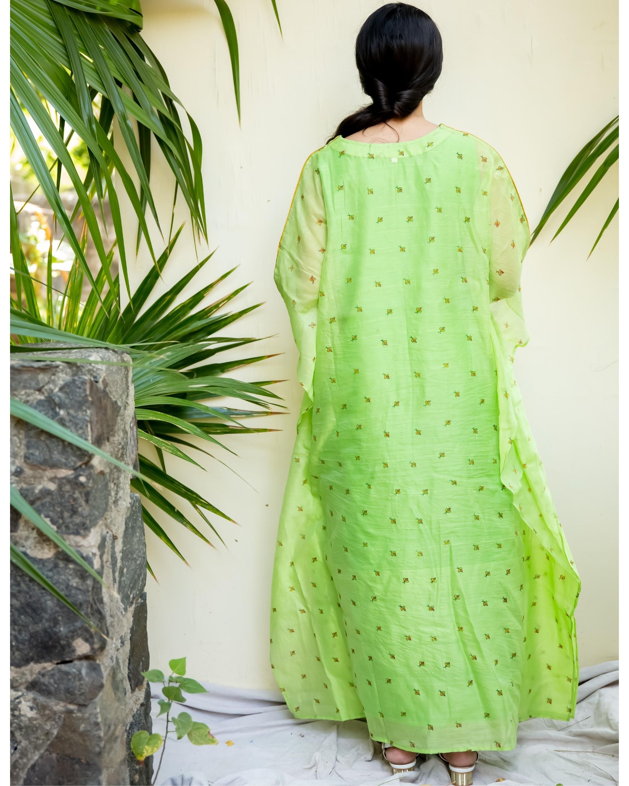 Lime green chanderi kaftan dress by Kokum The Secret Label