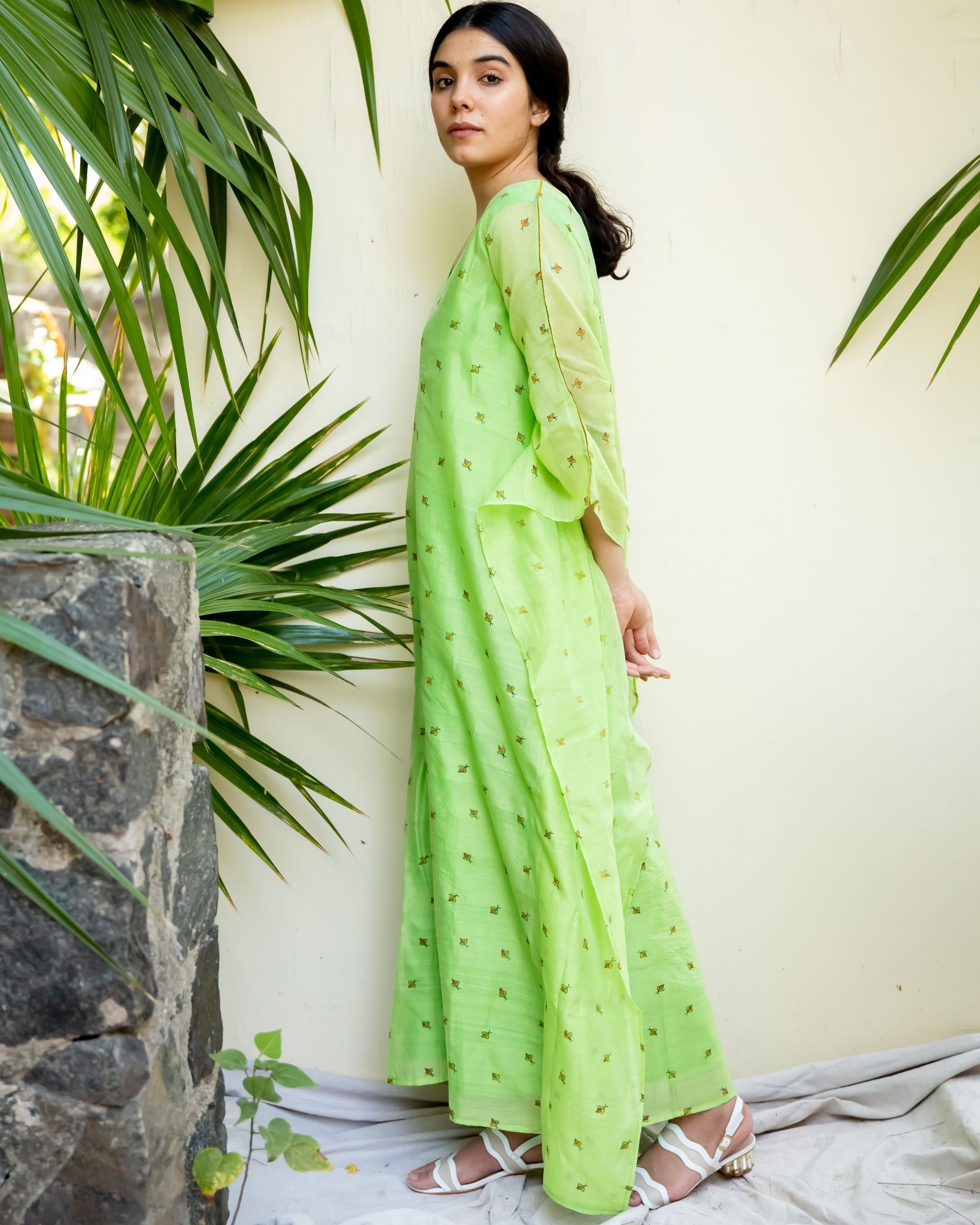 Lime green chanderi kaftan dress by Kokum | The Secret Label