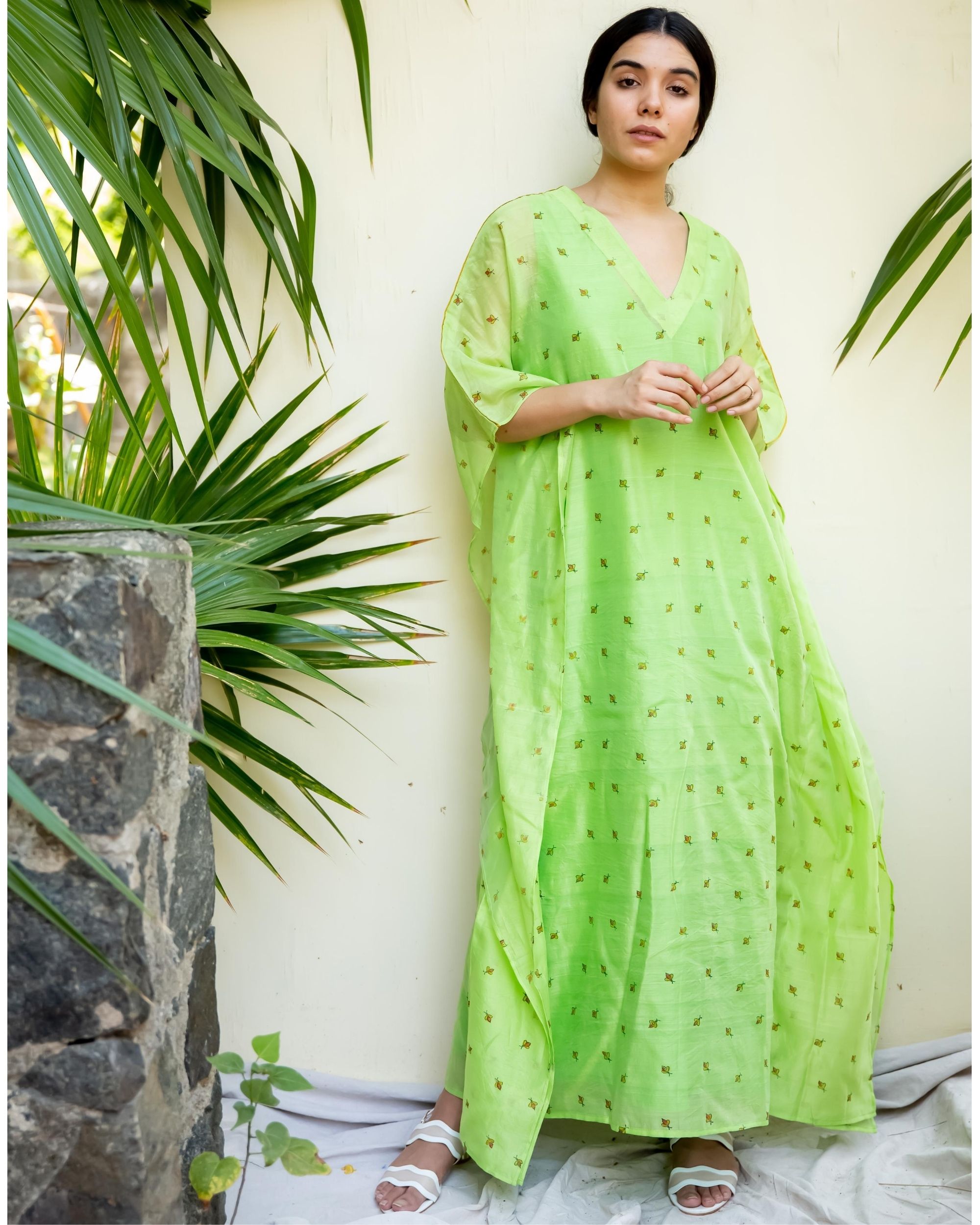 Lime green chanderi kaftan dress by Kokum The Secret Label