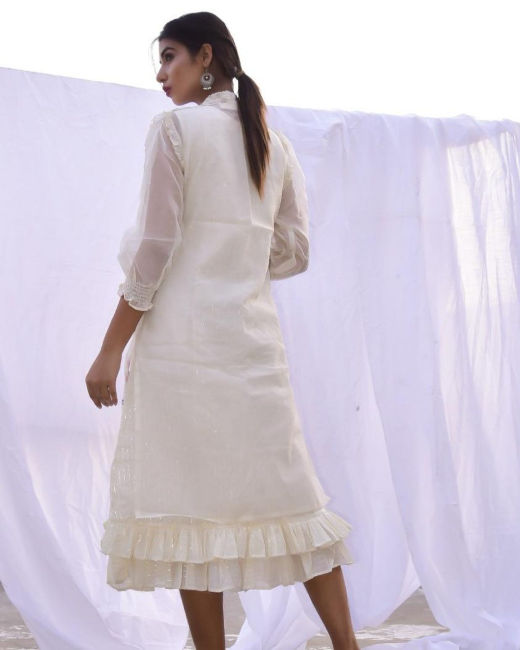 White embroidered jacket with inner dress Set Of Two by Siddhi Creation The Secret Label