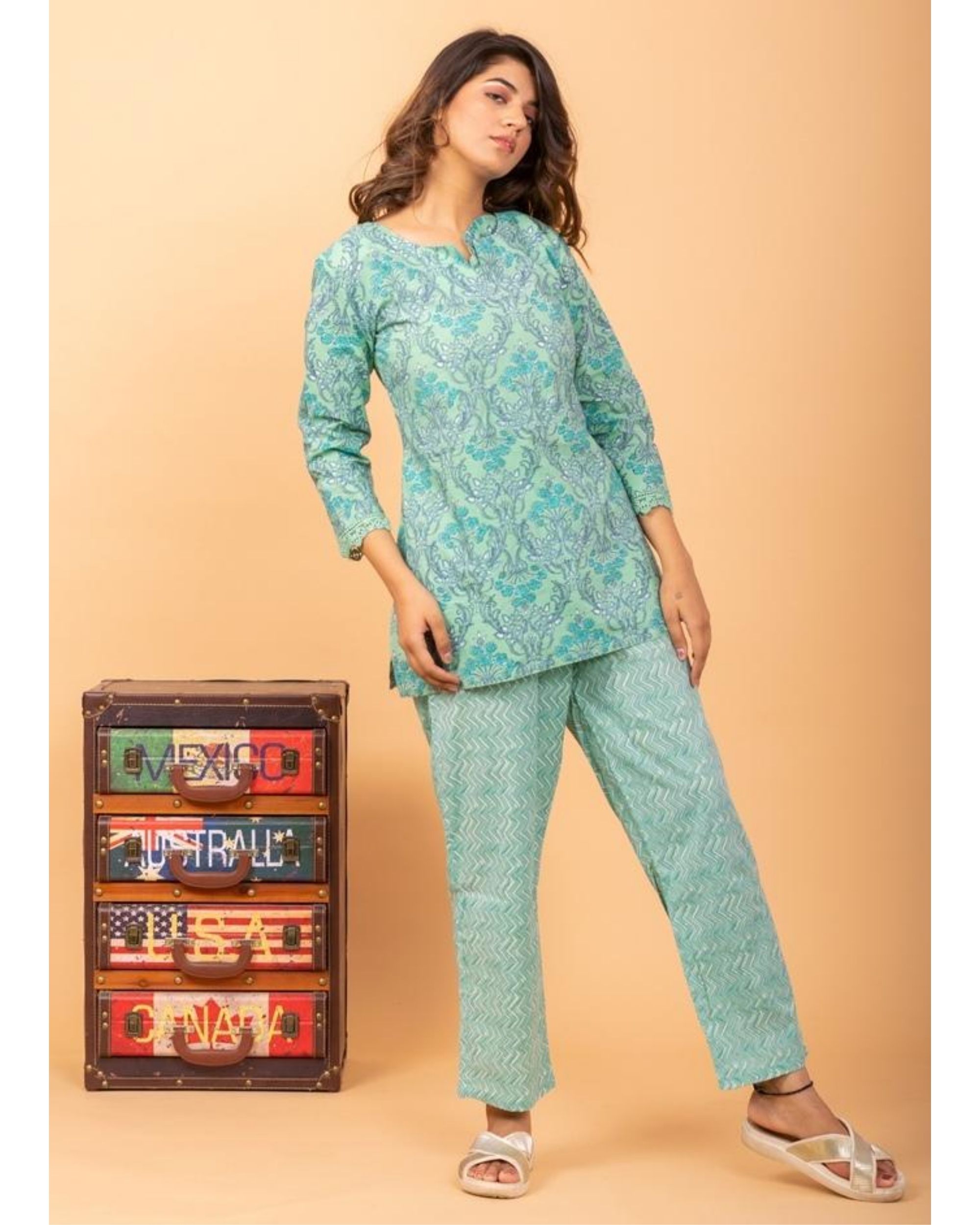 Turquoise Blue floral printed top and pants - Set Of Two by Siddhi Creation