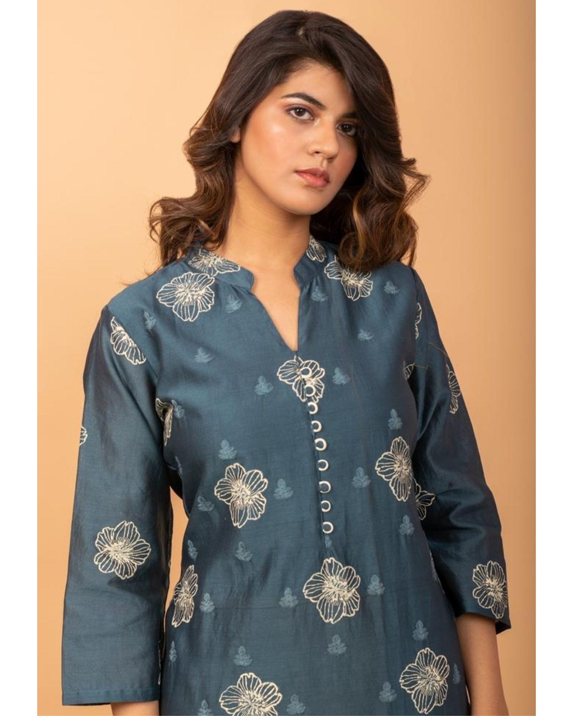 Teal blue embroidered chanderi kurta and pants with dupatta - Set Of ...