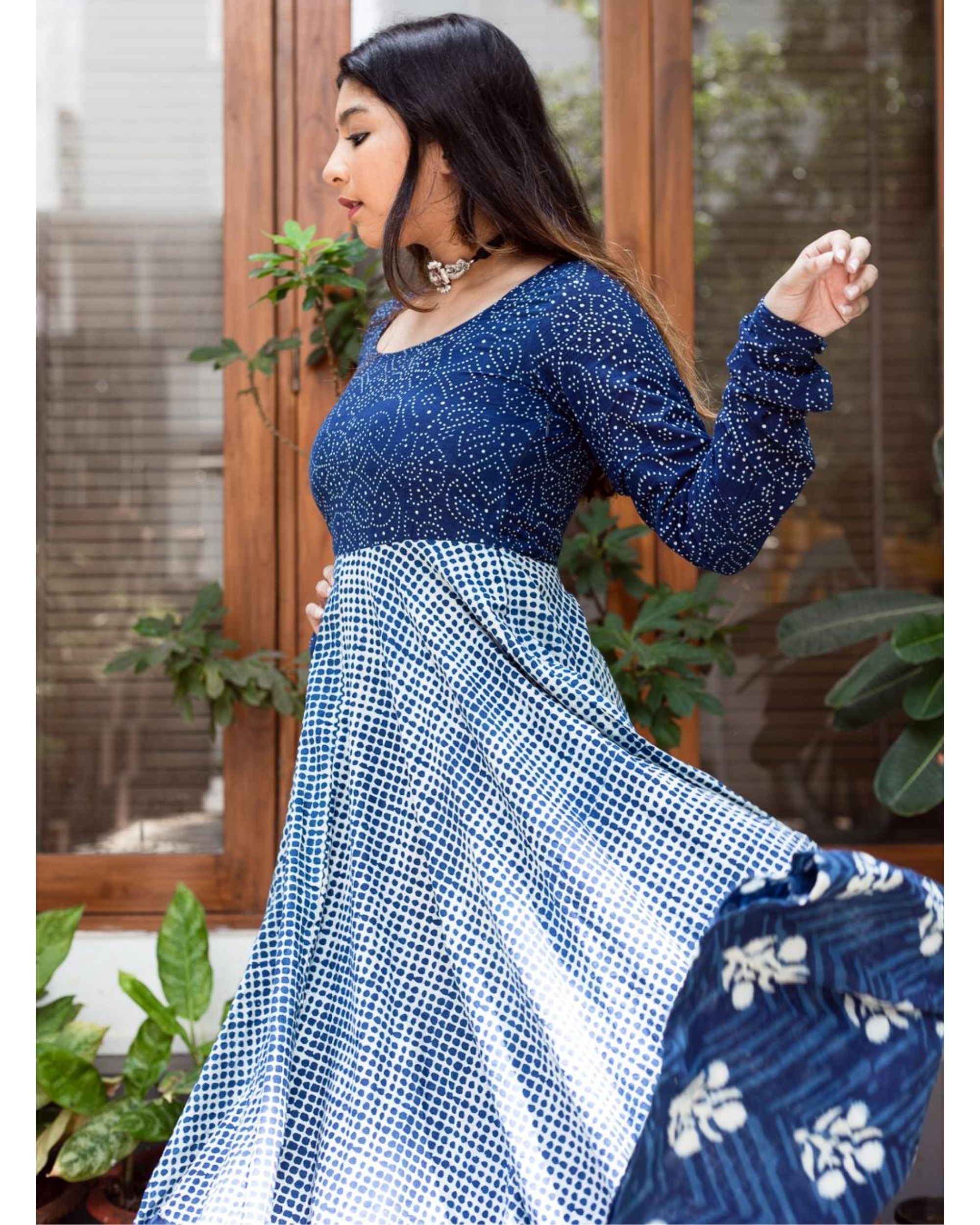 Indigo block printed flared dress by Athira Designs | The Secret Label