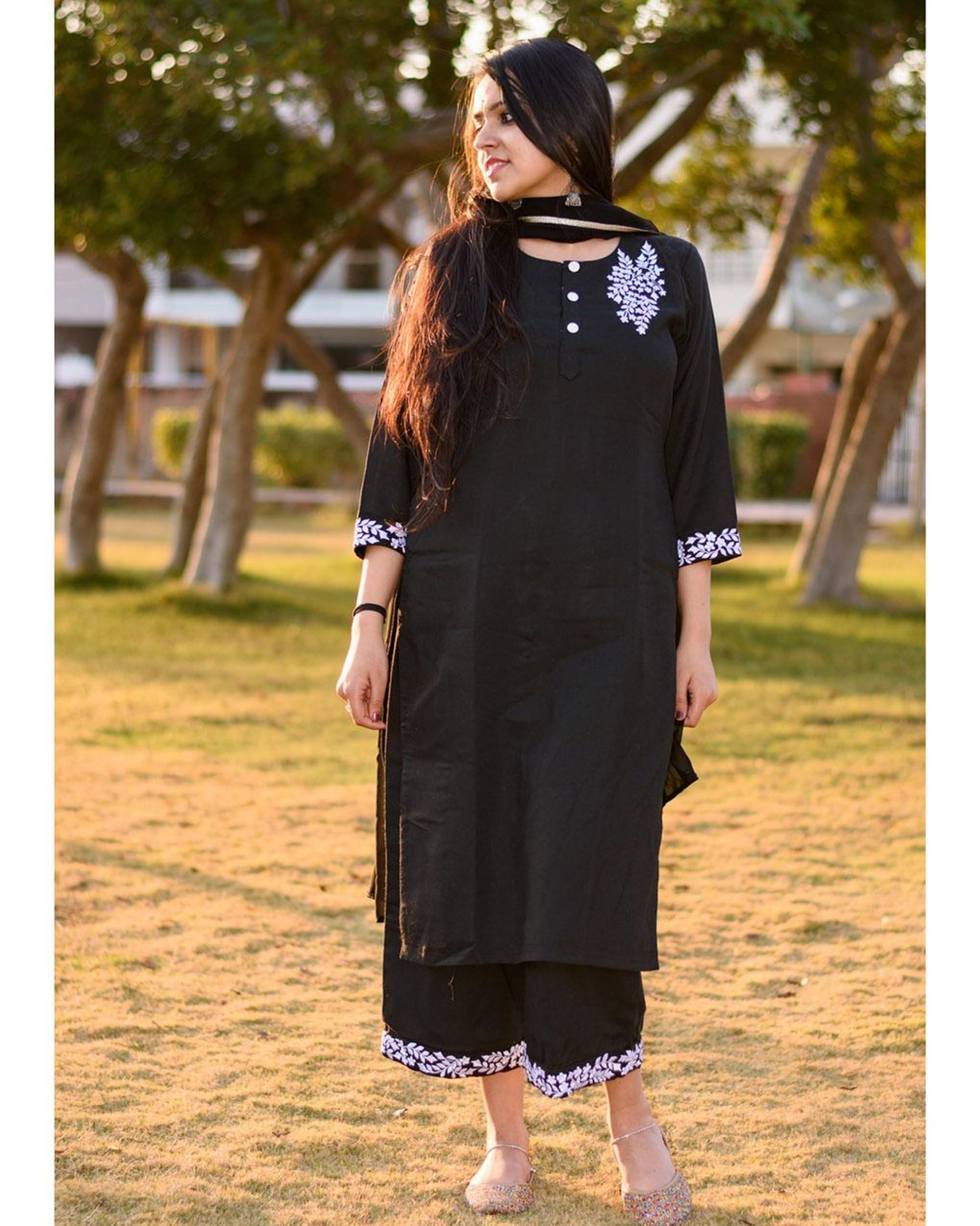 Black embroidered kurta and culottes with dupatta - Set Of Three by ...