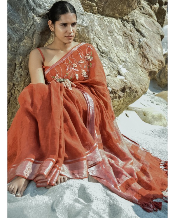Red hand embroidered sari 1