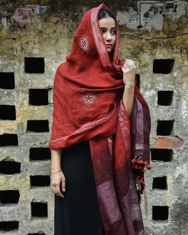 Red hand embroidered dupatta 1