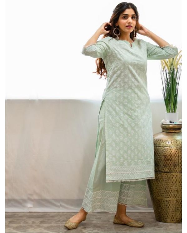 Mint green khari block printed kurta with palazzo - Set Of Two 1