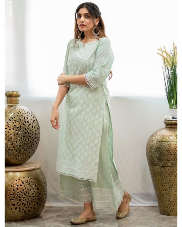 Mint green khari block printed kurta with palazzo - Set Of Two 2