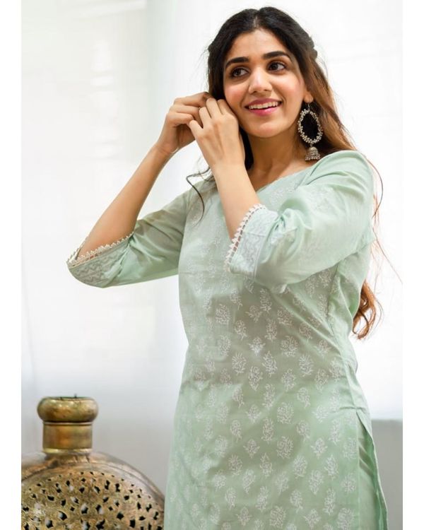 Mint green khari block printed kurta with palazzo - Set Of Two 3