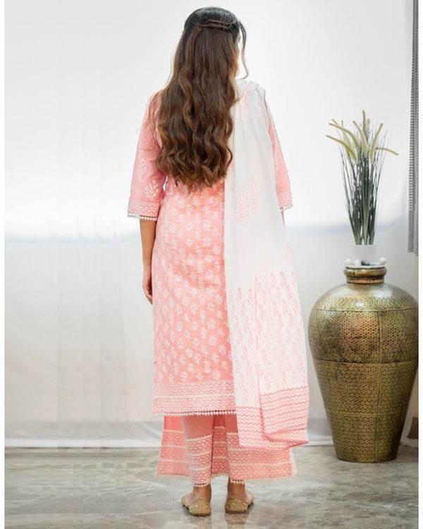 Blush pink khari block printed kurta with palazzo and dupatta - Set Of Three 1