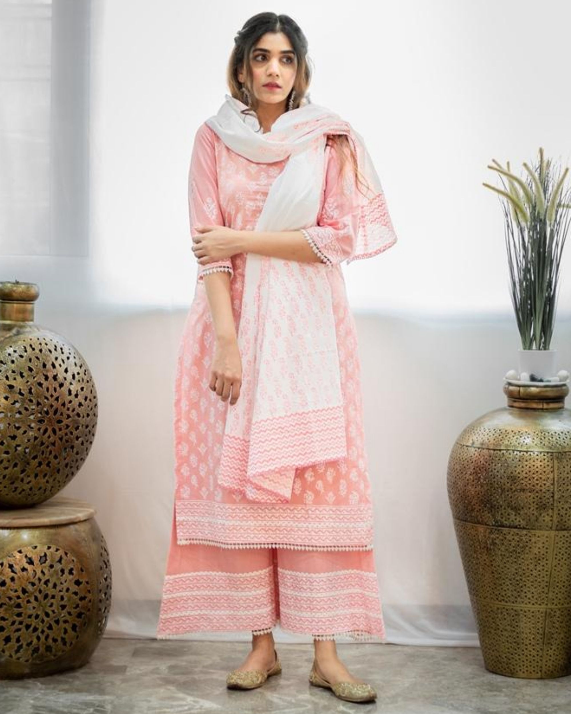 White and blush pink khari block printed dupatta by Jalpa Shah | The ...