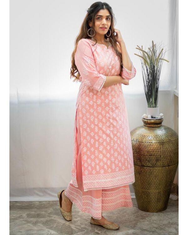 Blush pink khari block printed kurta with palazzo - Set Of Two 2