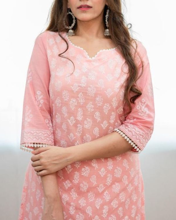 Blush pink khari block printed kurta with palazzo - Set Of Two 3