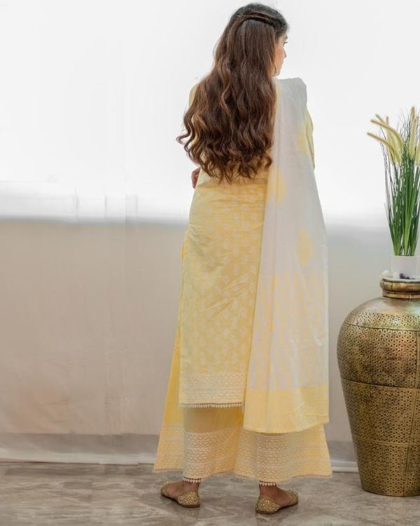 Pastel yellow khari block printed kurta with palazzo and dupatta - Set Of Three 1