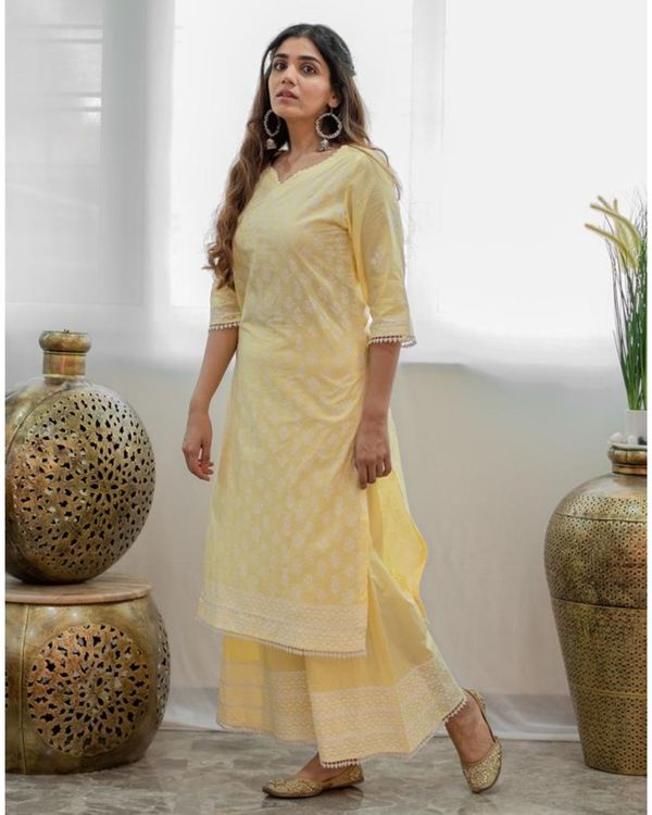 Pastel yellow khari block printed kurta with palazzo and dupatta - Set Of Three 2