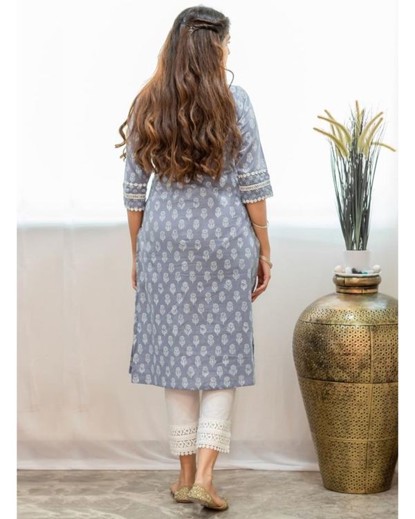 Grey khari block printed kurta with pants and crinkled dupatta - Set Of Three 1