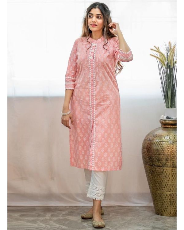 Blush pink khari block printed kurta with pants and crinkled dupatta - Set Of Three 2