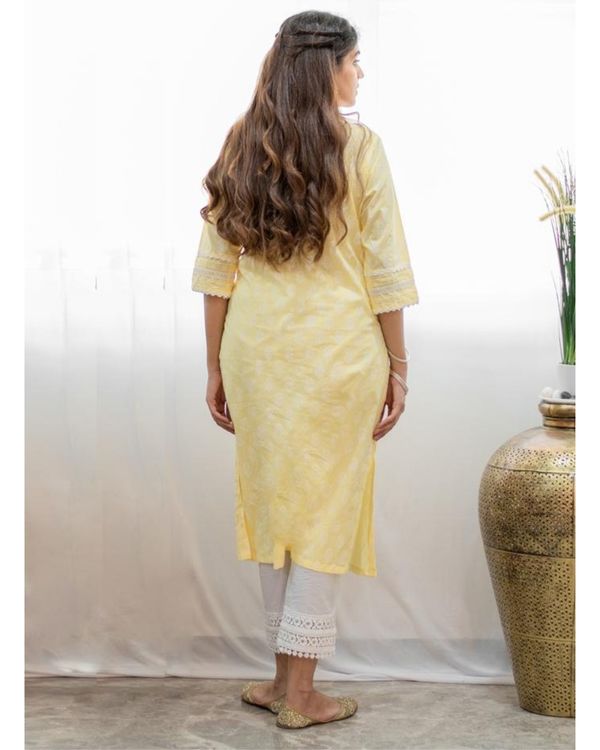 Pastel yellow khari block printed kurta with pants and crinkled dupatta - Set Of Three 1
