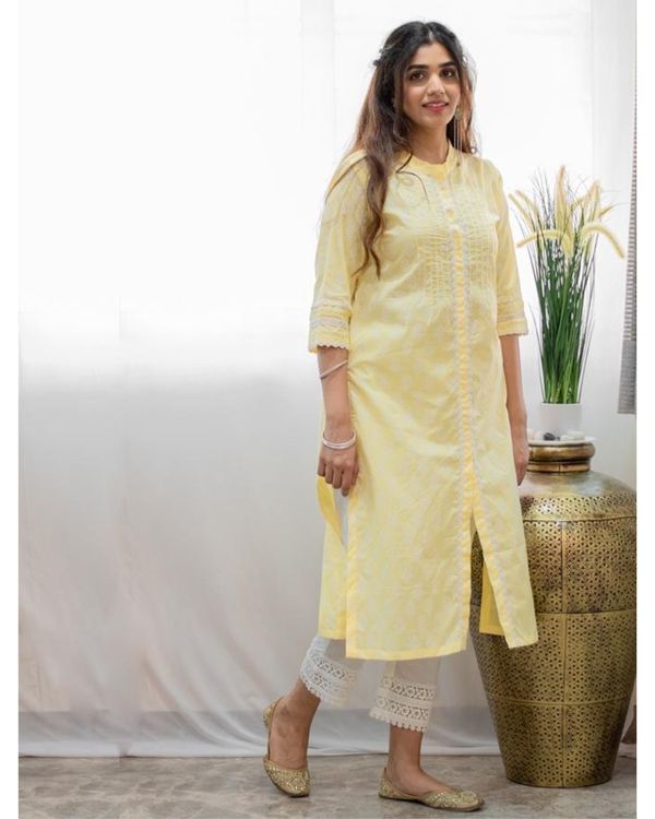 Pastel yellow khari block printed kurta 2