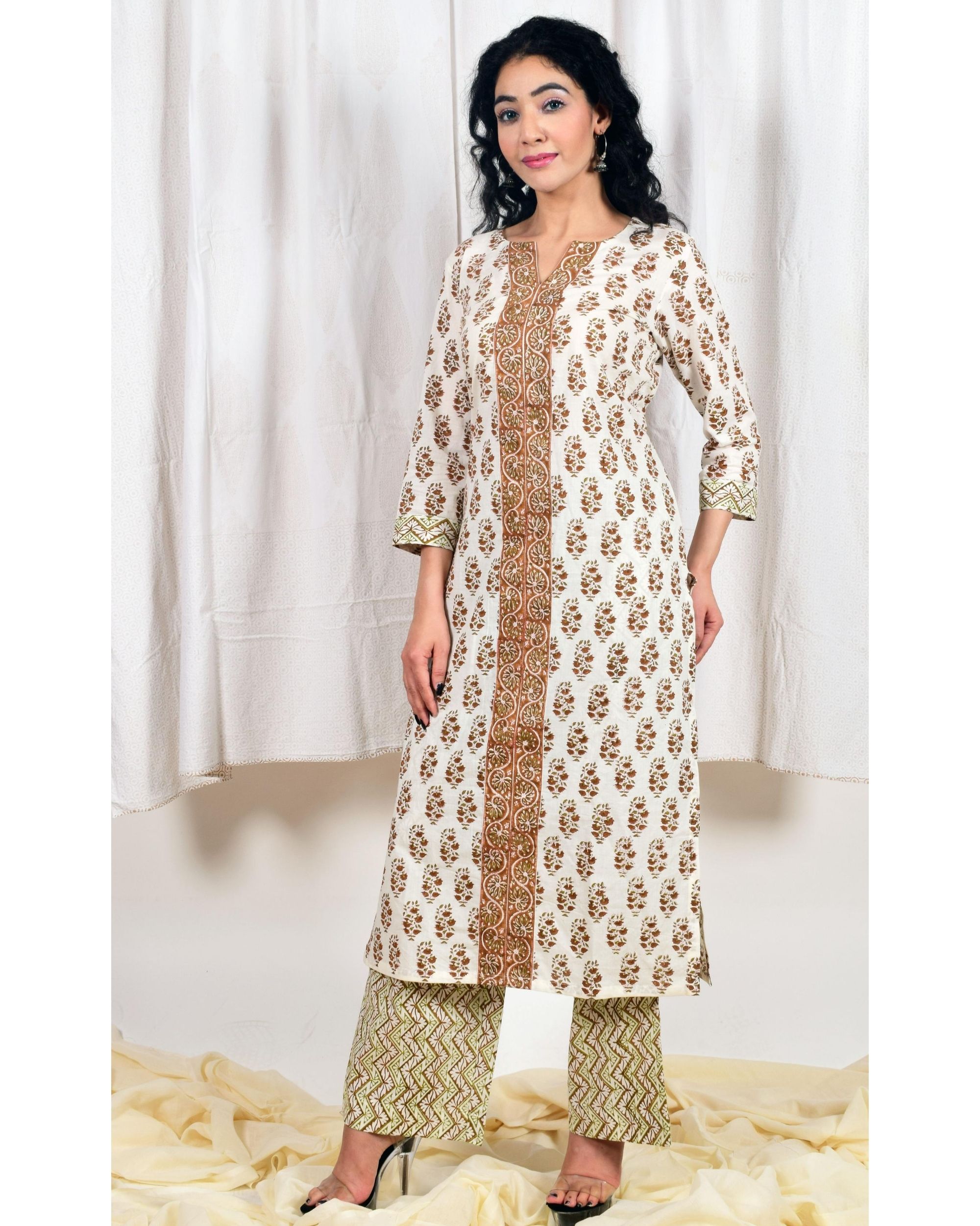 Brown floral printed kurta and palazzo with dupatta - Set Of Three by ...