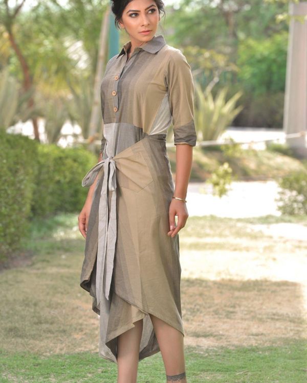Grey and beige striped wrap around dress 2