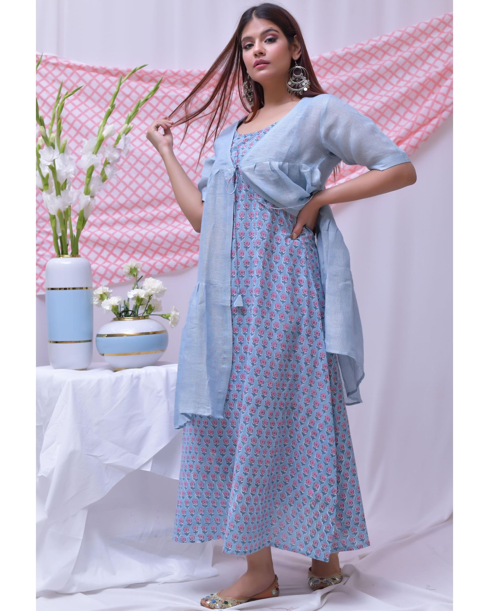Powder blue floral hand block printed dress with linen cover up Set