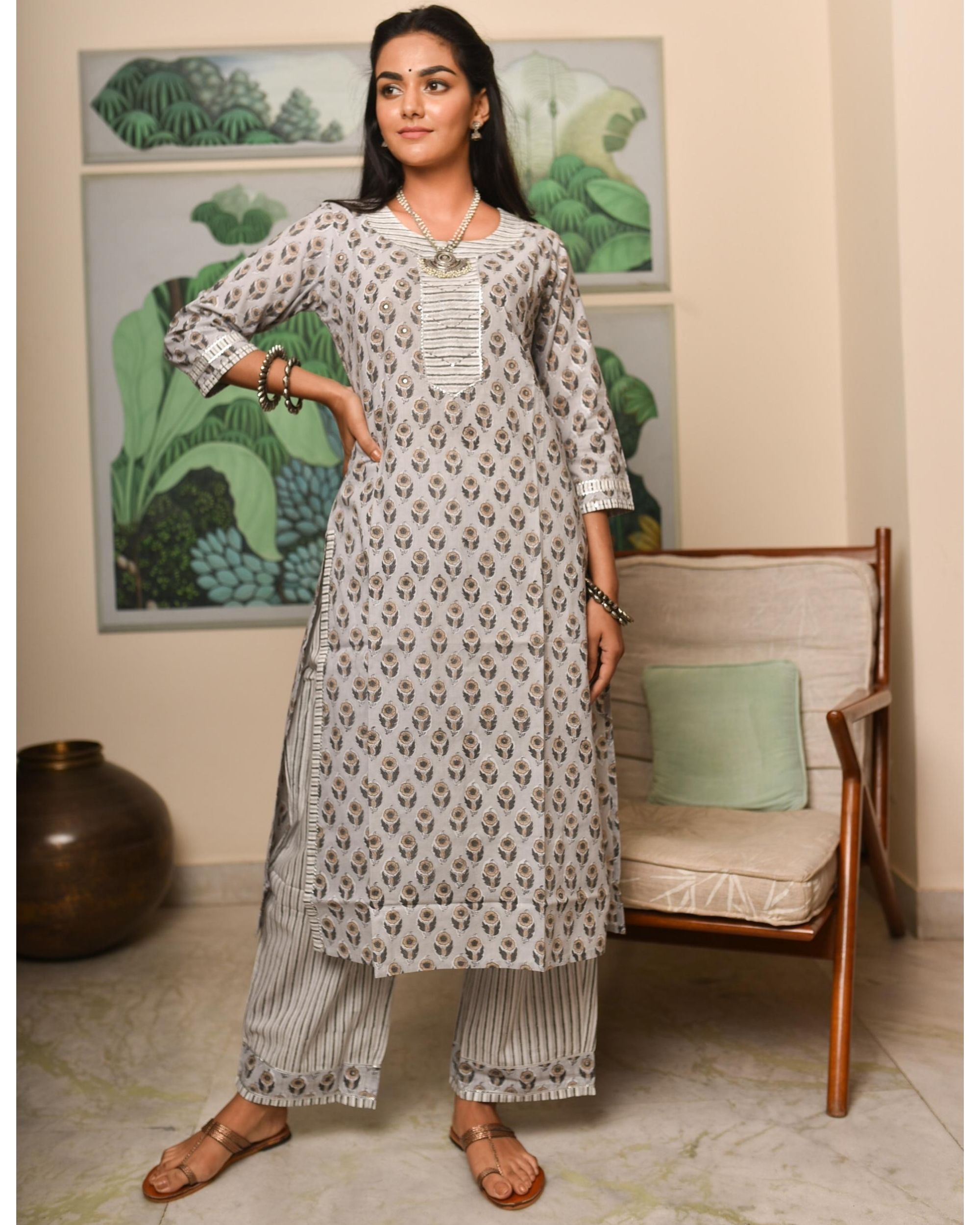 Grey boota printed kurta with badla work and striped palazzo with ...