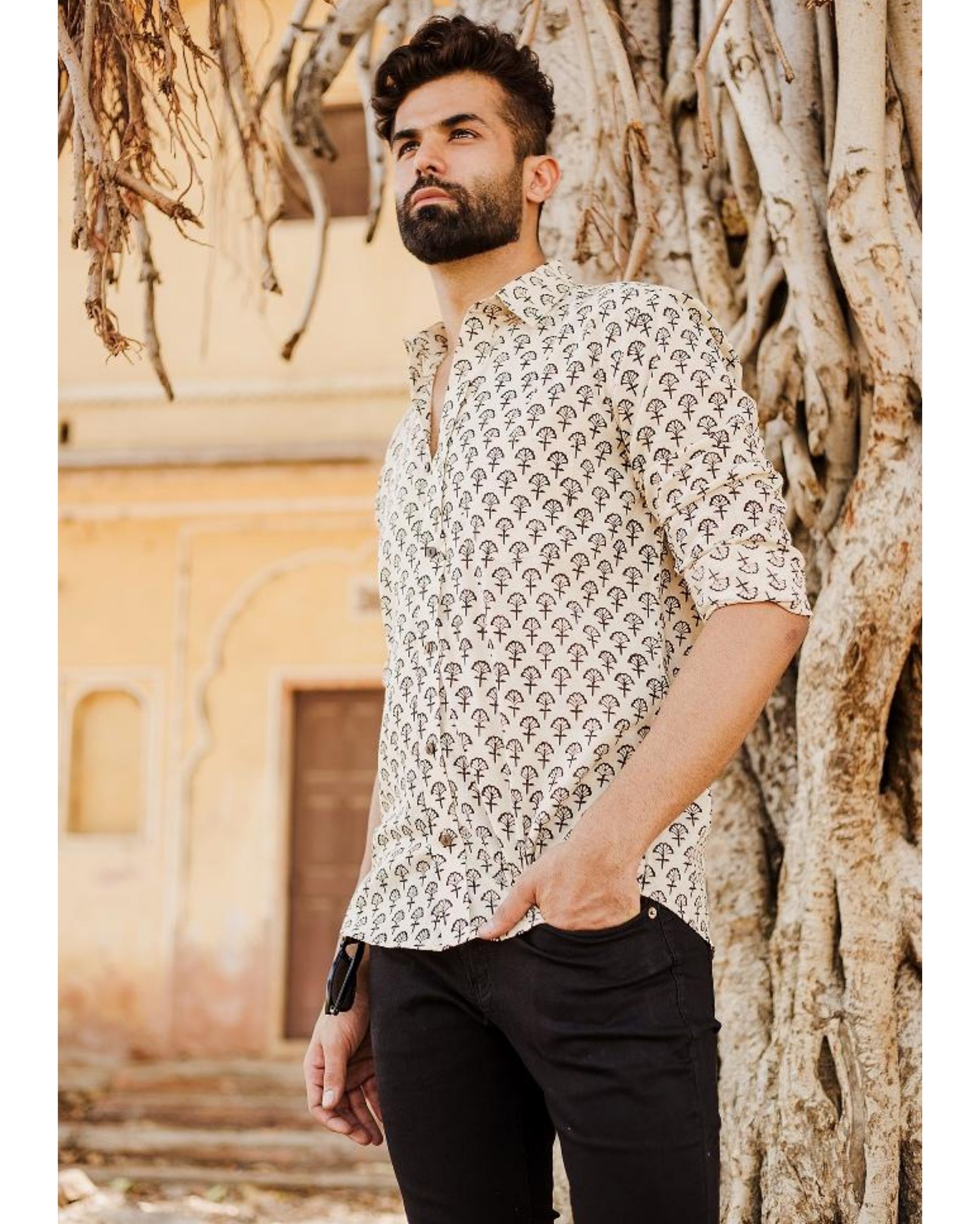 Off white and black bagh printed shirt by Prints Valley | The Secret Label