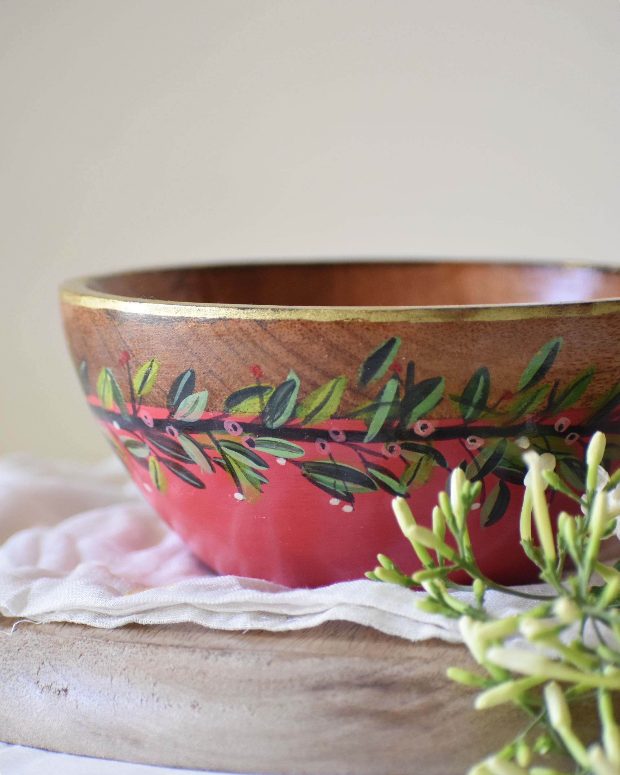 Pink hand painted mango wood serving bowl by Tangy Tinge The Secret Label