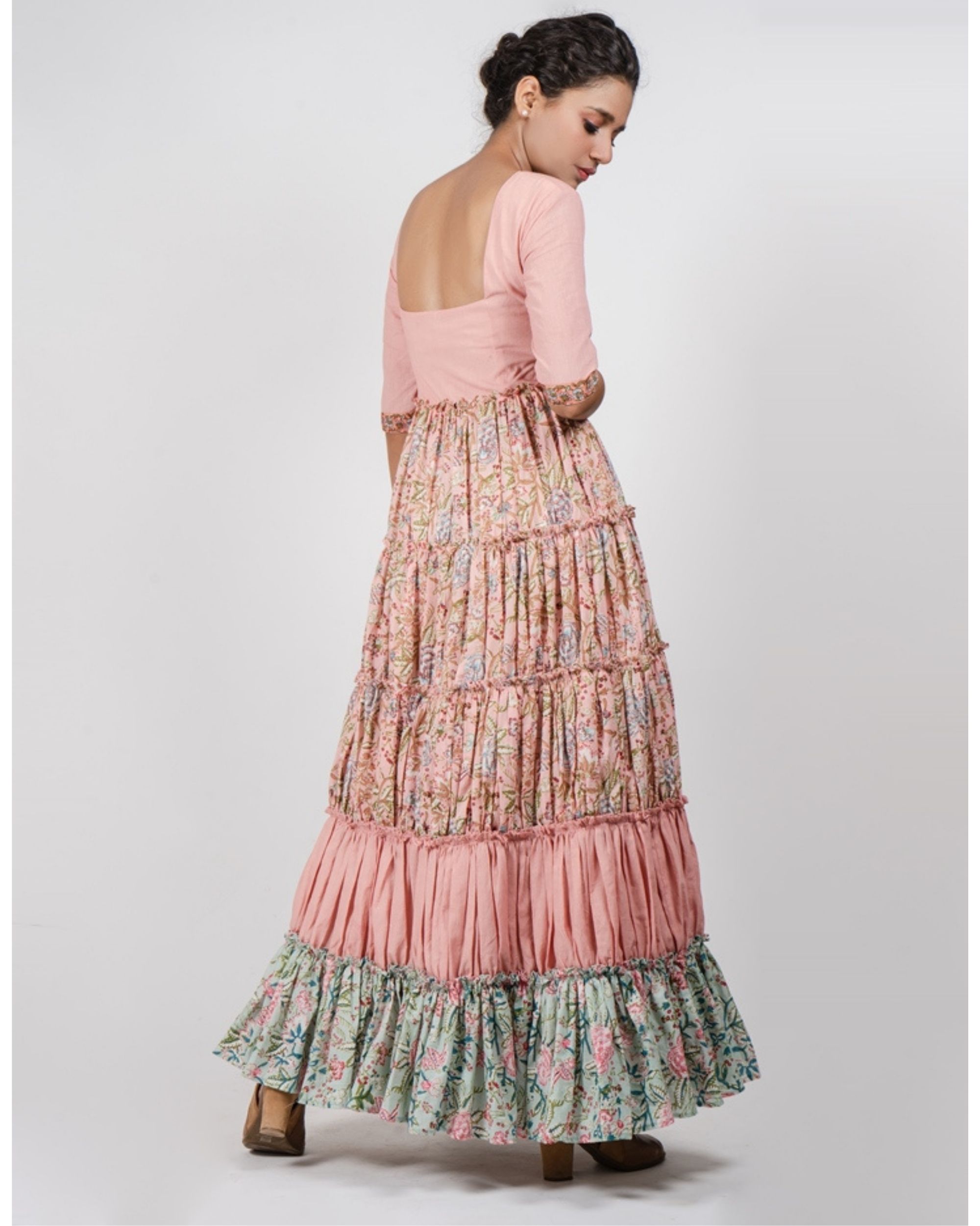 Pastel pink and blue floral printed tiered dress by Kaala Teeka | The ...