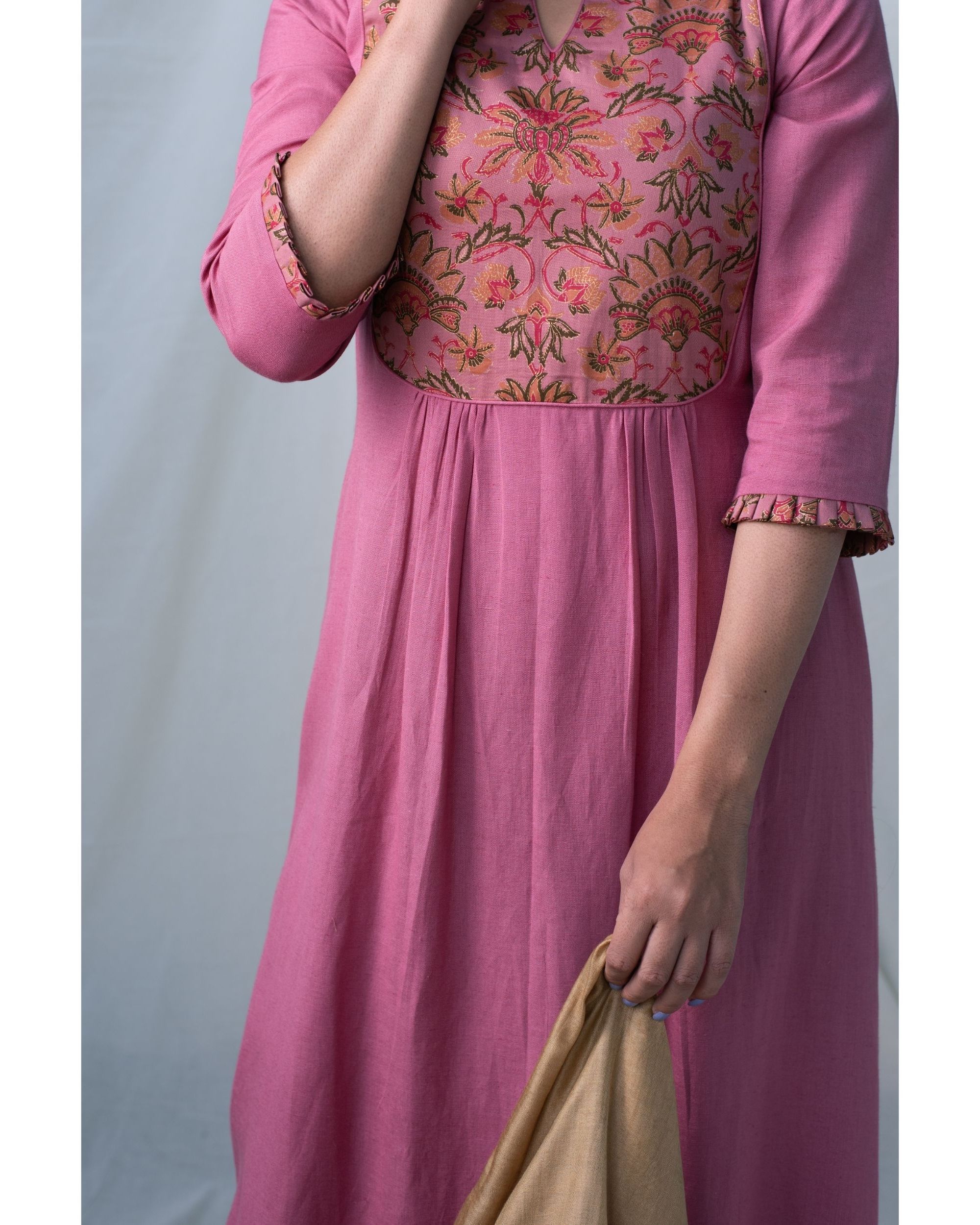 Pink printed gathered yoke kurta and pants with dupatta Set Of Three