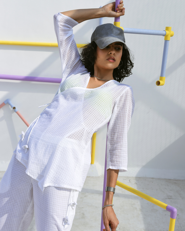 White wrap top with tie-up and pants - Set Of Two 1