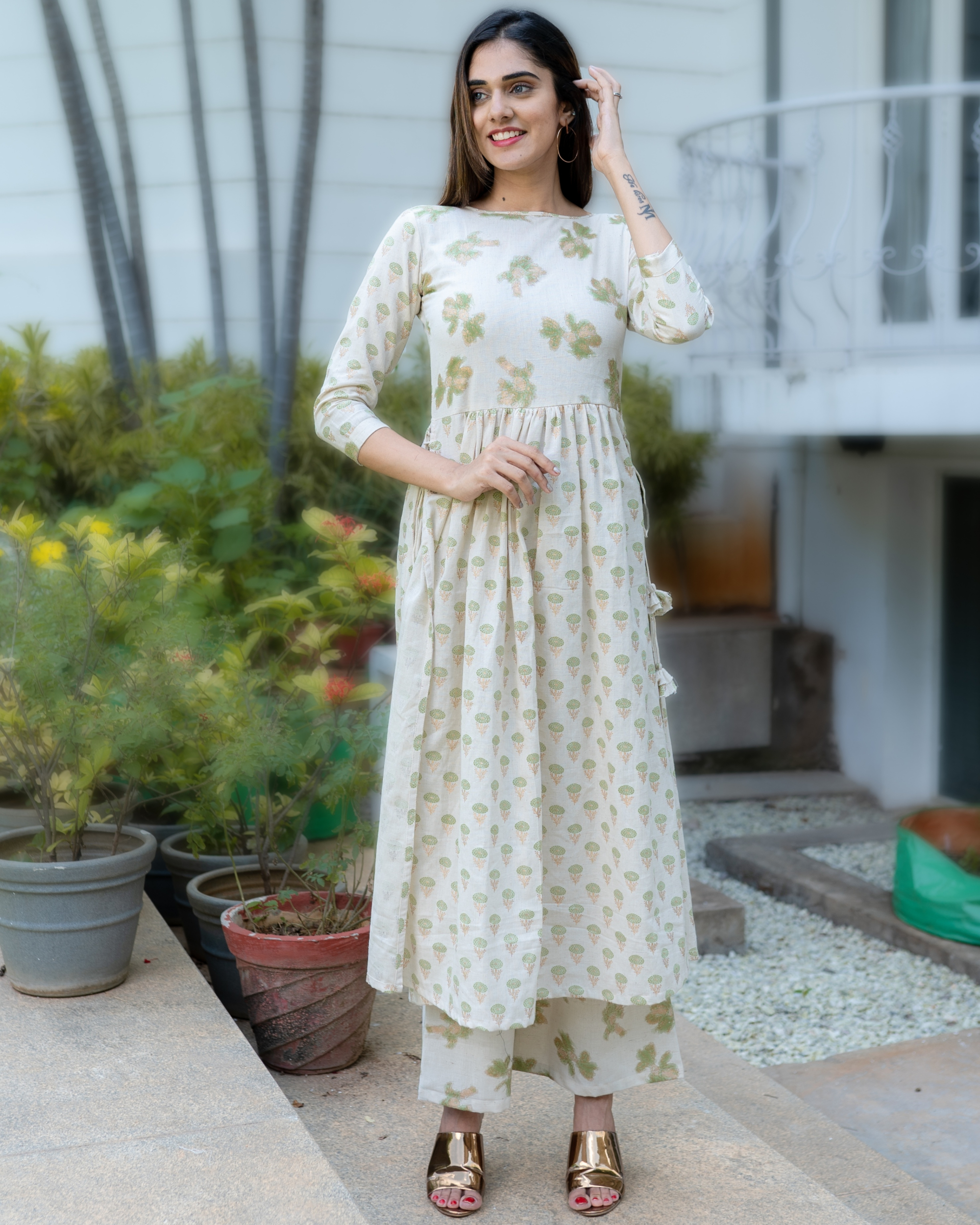 Olive green and gold printed gathered kurta with palazzo - Set Of Two ...