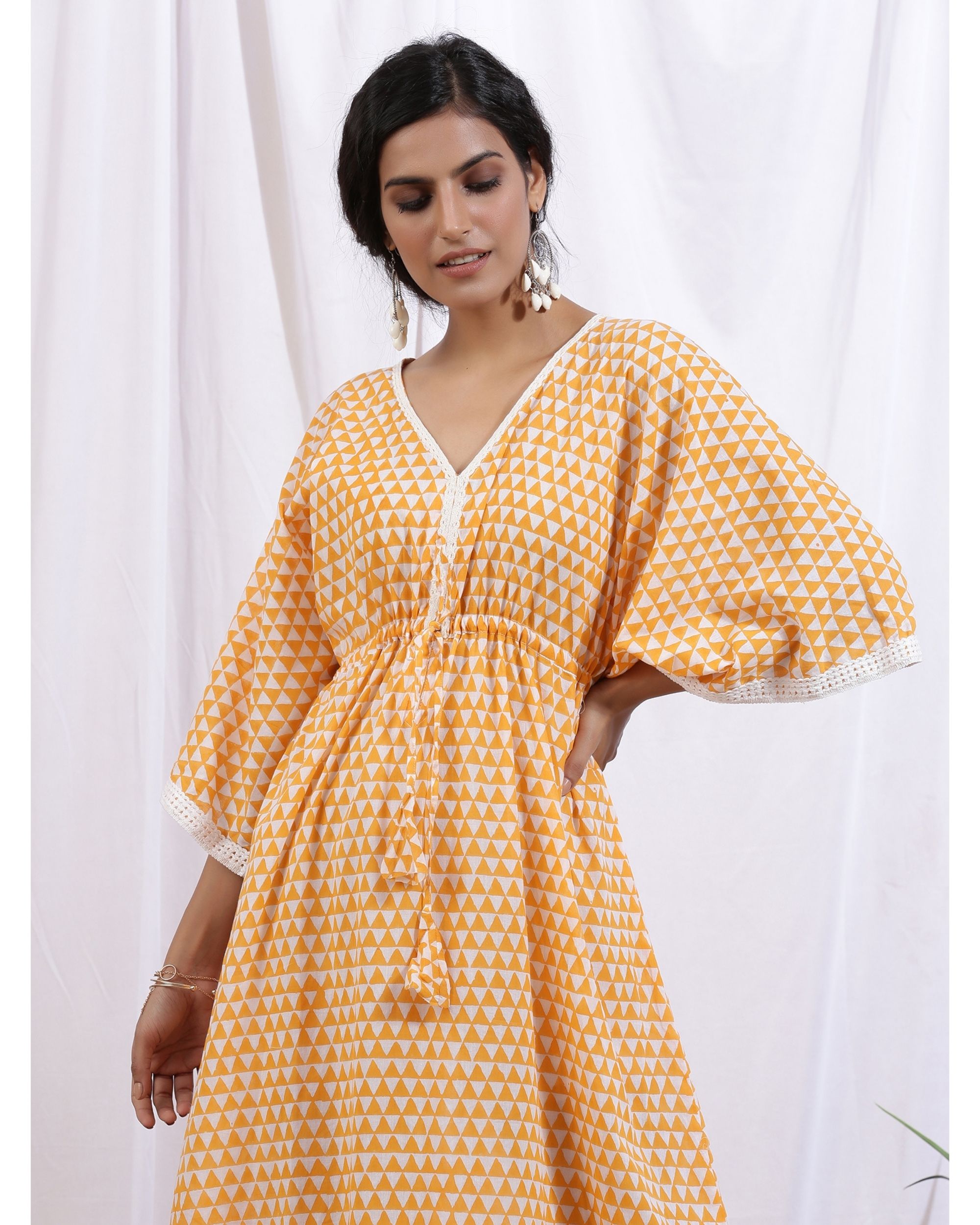 Orange and white trigon printed kaftan dress by Maison Shefali | The ...