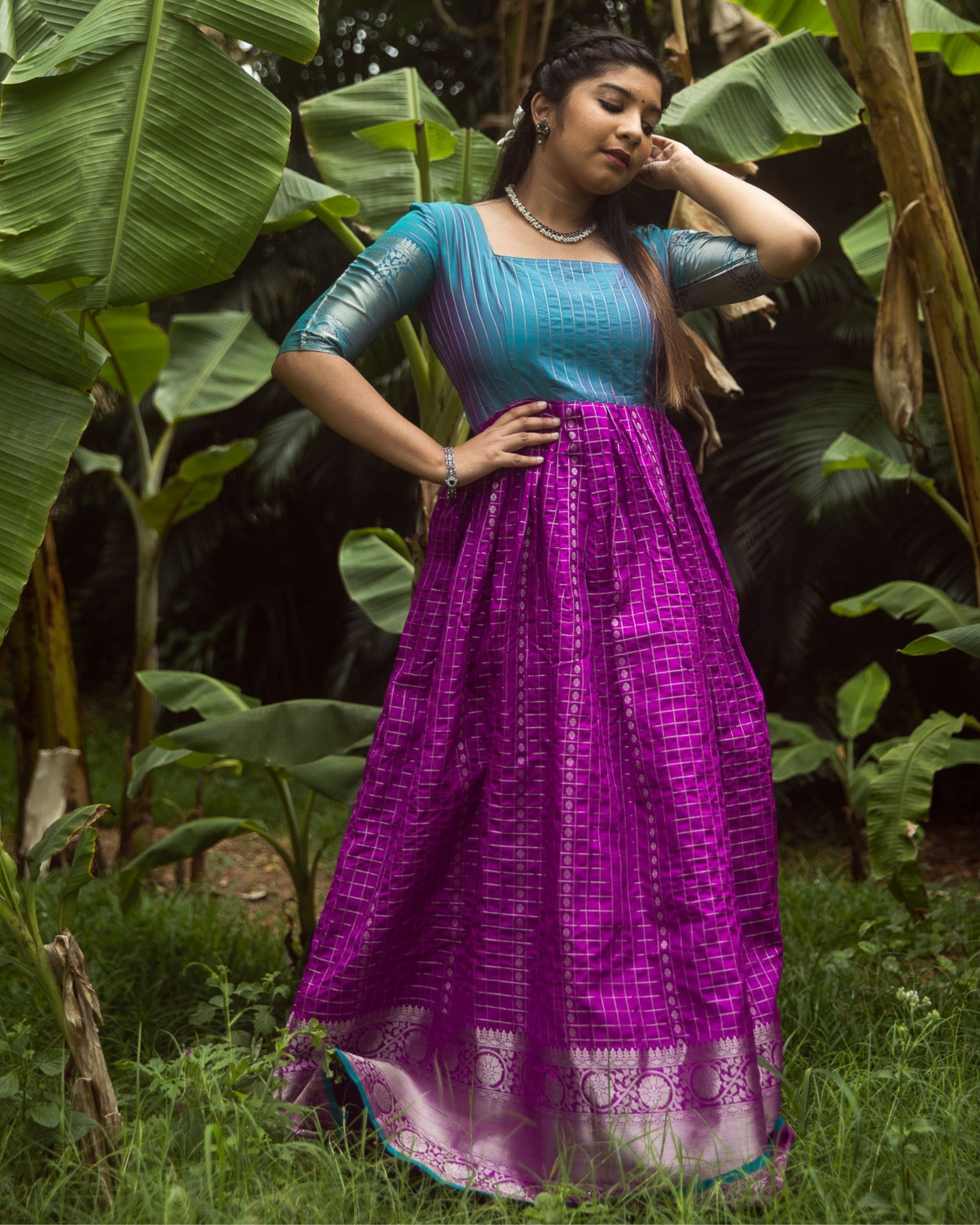 Blue and purple zari checkered dress by Athira Designs | The Secret Label