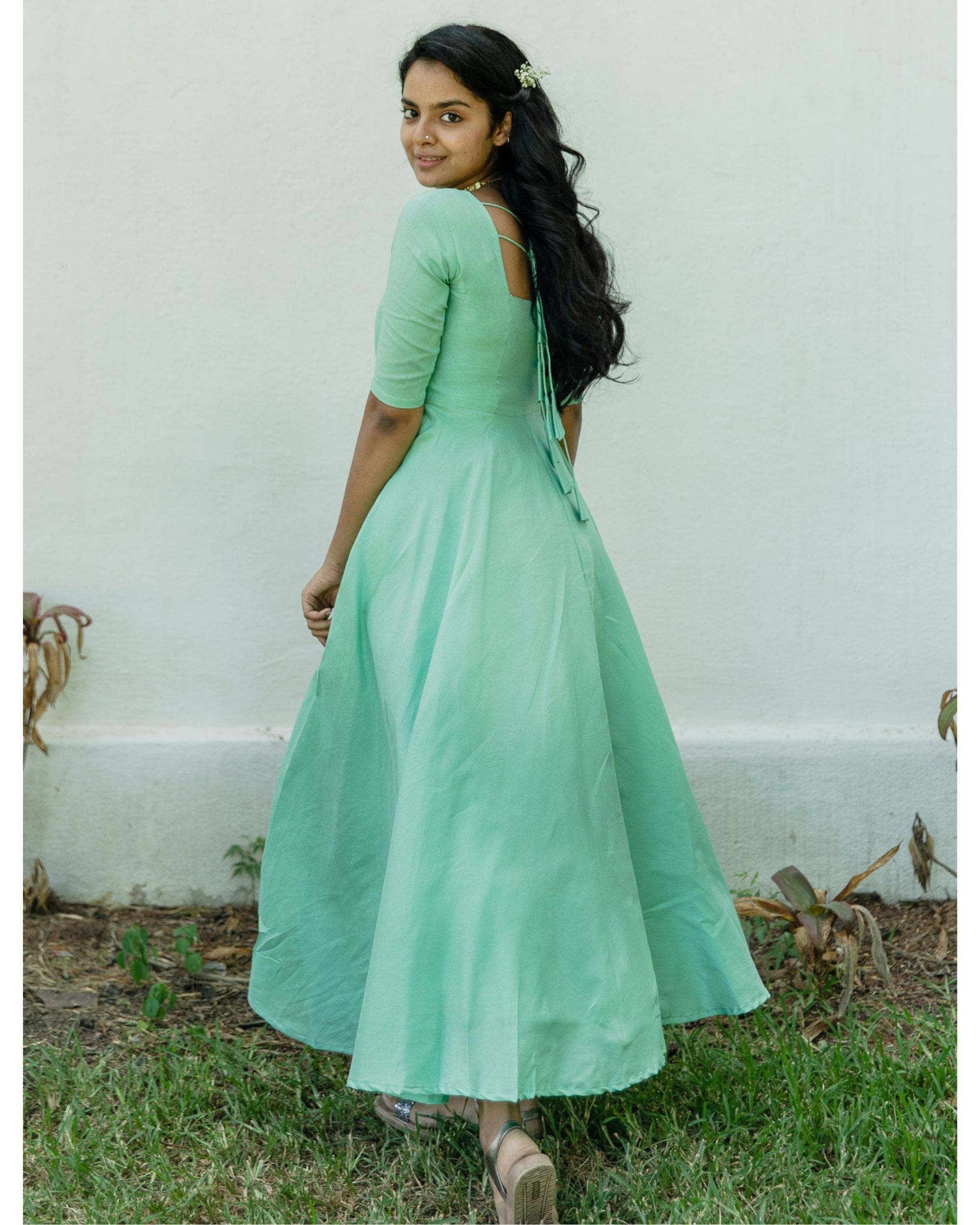 Mint green silk dress with pink floral embroidered Organza dupatta ...