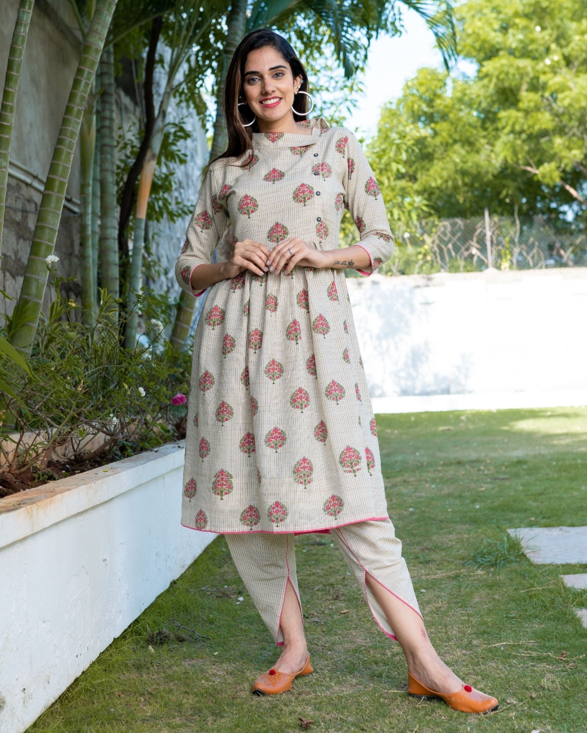 Light beige floral gathered kurta with dhoti pants - Set Of Two by Desi ...